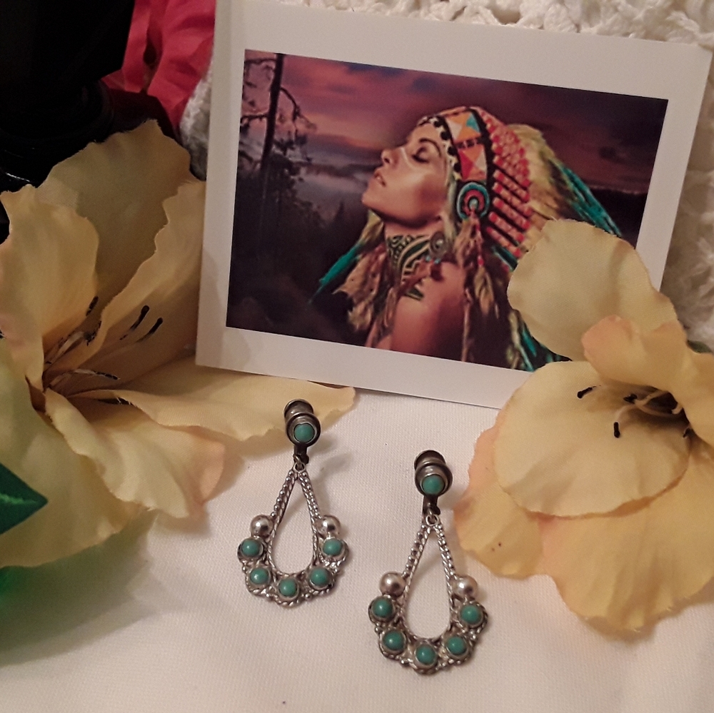 VTG SOLID 925 STERLING TURQUOISE SIGNED EARRINGS